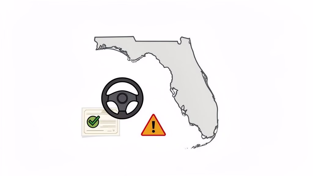 Illustration of Florida state map, a steering wheel, an approved certificate, and a warning sign.