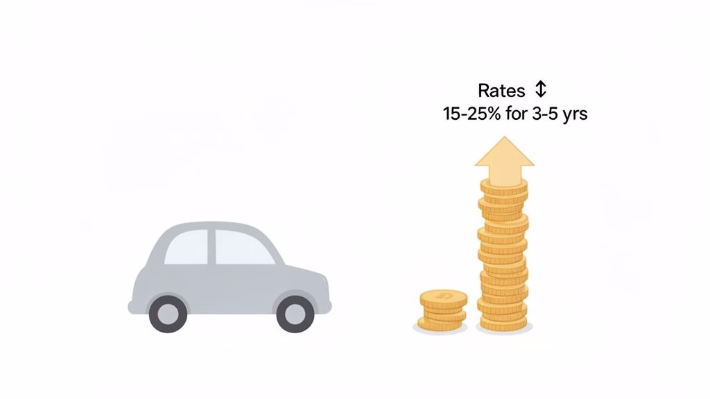 An illustration of a grey car next to stacks of coins with text indicating 15-25% rates for 3-5 years.
