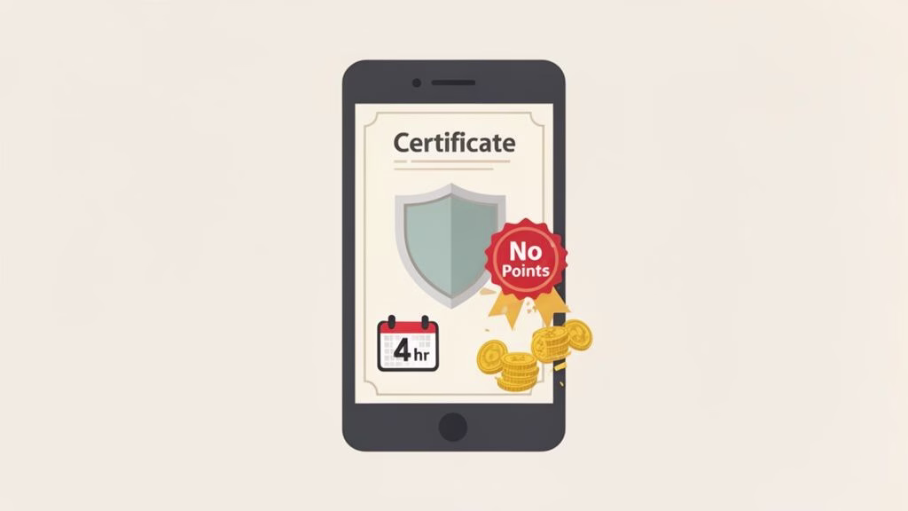 Smartphone app shows a certificate for 'No Points', 4 hours, and gold coin rewards.
