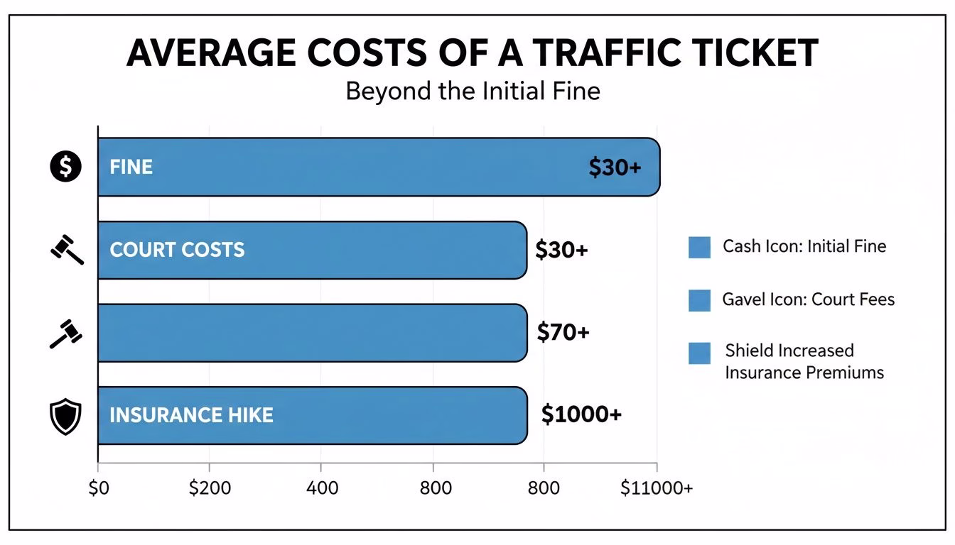 Bar chart illustrating the average costs of a traffic ticket, including fine, court costs, and insurance premium increase.