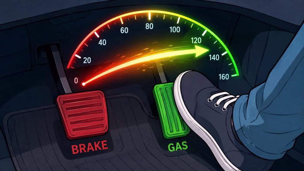 A digital illustration showing a foot pressing a gas pedal with a speed indicator moving quickly.