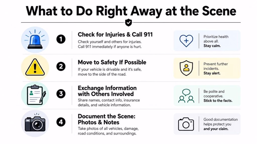 An infographic showing a four-step guide on what to do immediately following a vehicle accident.