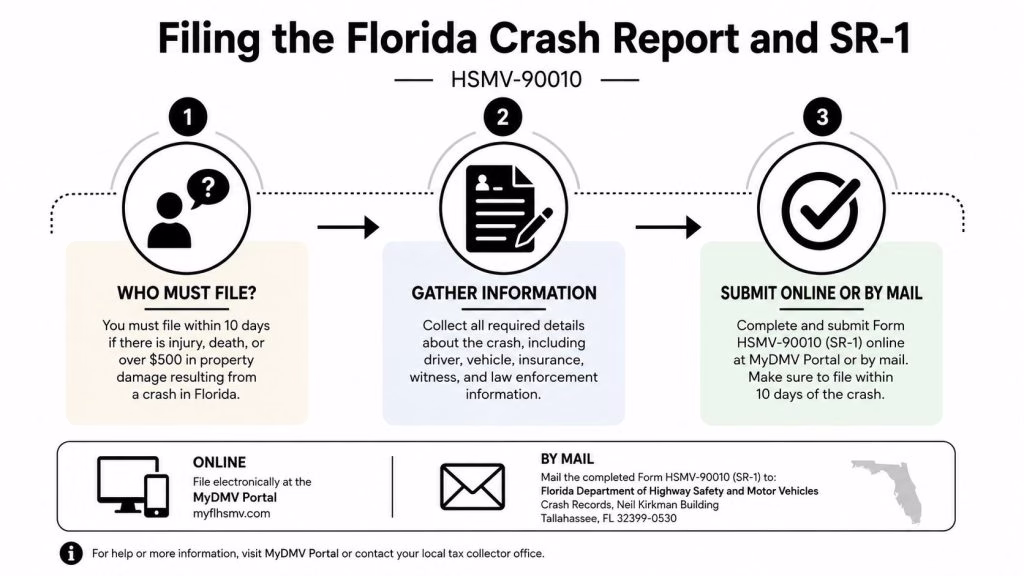 An infographic outlining the three-step process for filing a Florida crash report form HSMV-90010 after an accident.