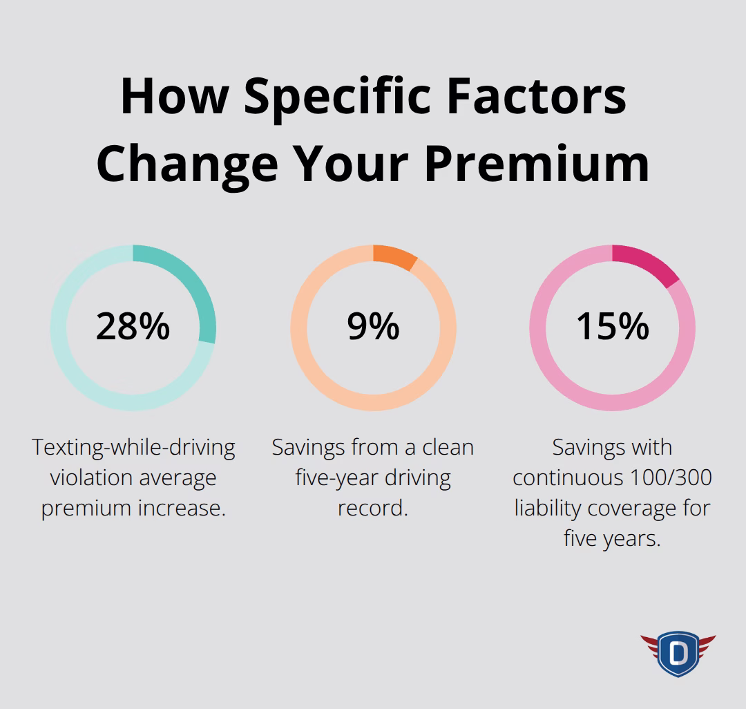 Chart comparing the premium impact of a texting violation versus savings from clean record and continuous coverage. - car insurance discount