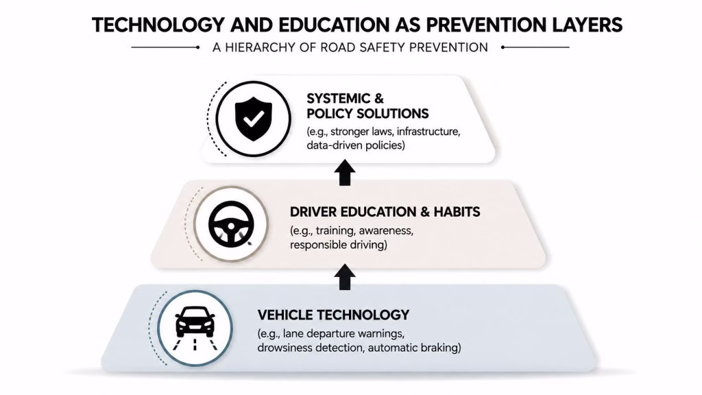 A hierarchical diagram illustrating layers of road safety prevention, starting from vehicle technology to systemic policies.