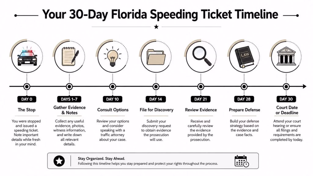 A timeline graphic illustrating the steps to follow over thirty days after receiving a Florida speeding ticket.