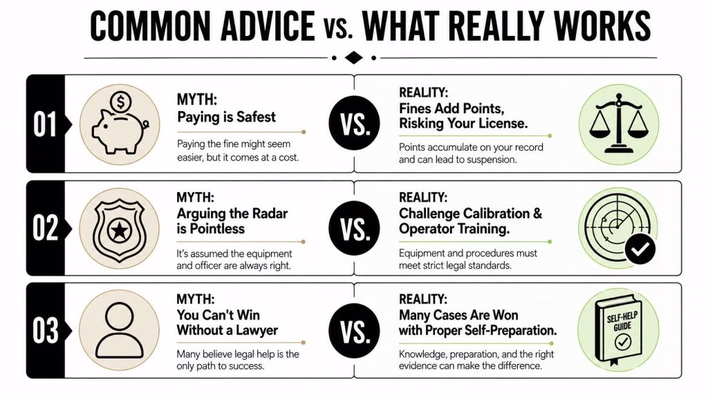 A comparison chart showing common myths versus reality when deciding how to fight a speeding ticket.