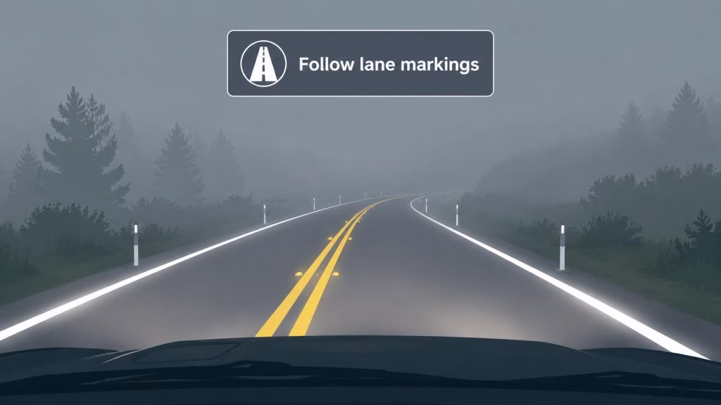 A car driving on a road at night in dense fog, guided by glowing lane markings.