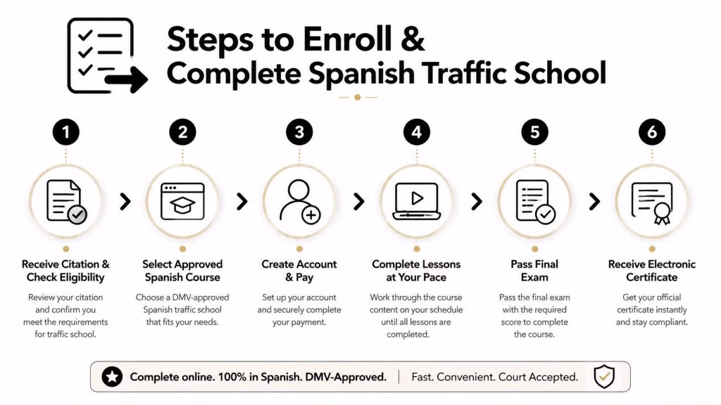 A six-step infographic detailing the enrollment process for an online Spanish traffic school course.