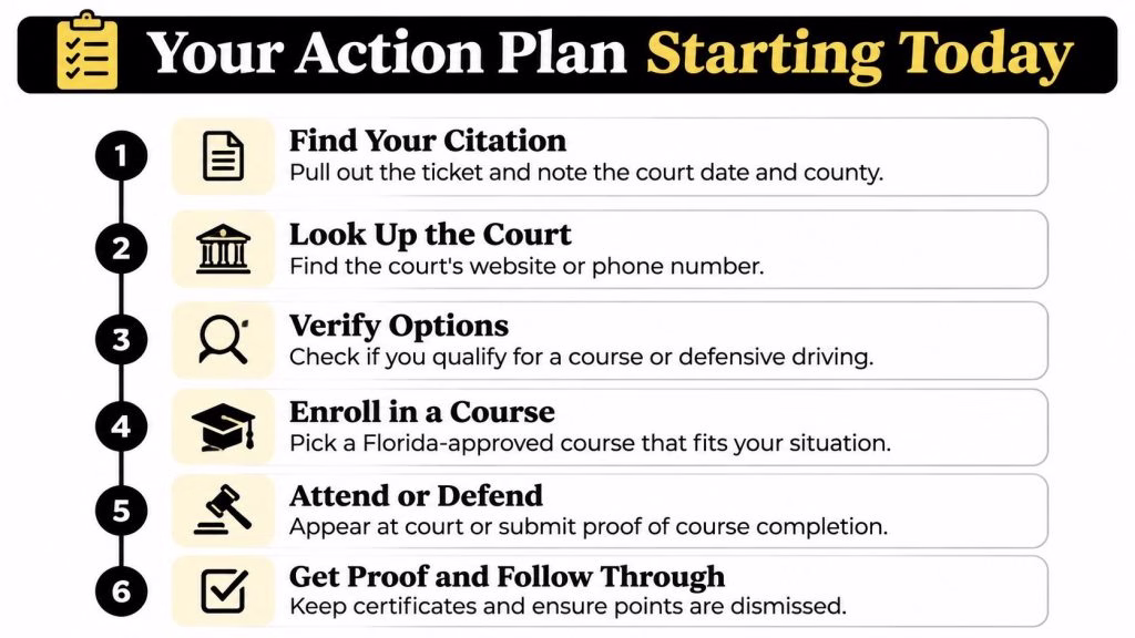 A numbered action plan infographic for handling a traffic citation with six steps for Florida drivers.