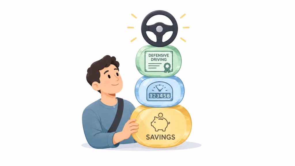 A cartoon man stacking items representing defensive driving certificates, low mileage, and savings on car insurance.