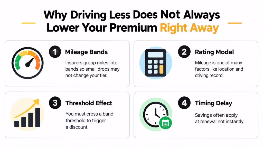 An infographic explaining four reasons why reducing your mileage does not always result in lower insurance premiums.
