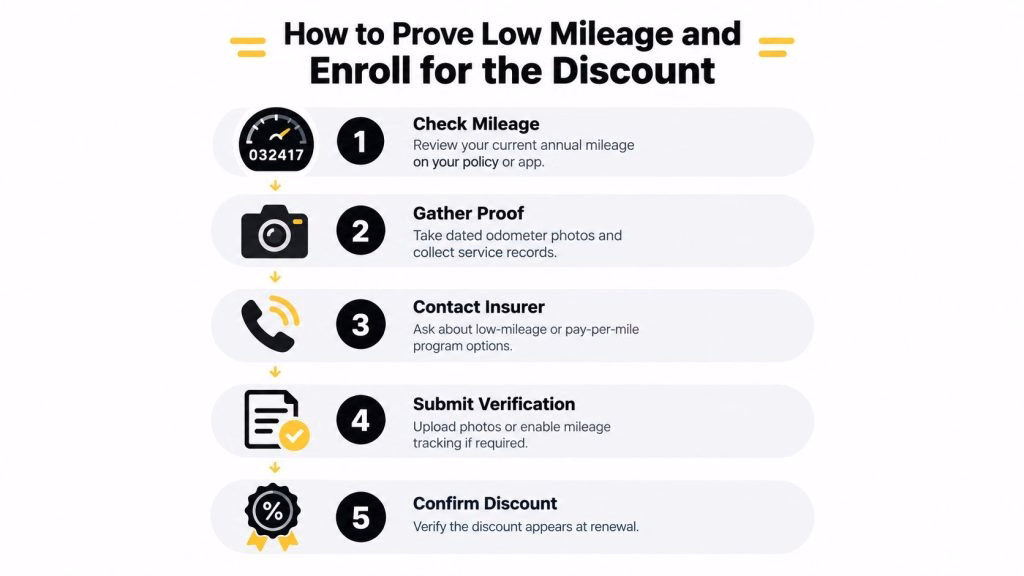 A step-by-step infographic showing how to prove low mileage to qualify for car insurance discounts.