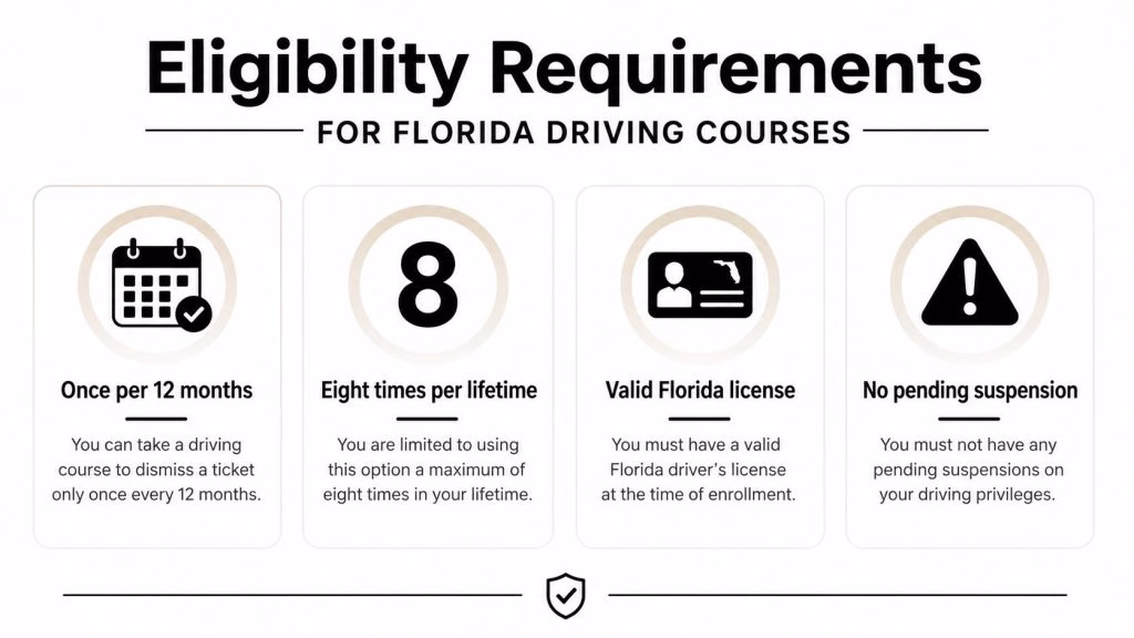 An infographic showing four key eligibility requirements for enrolling in a Florida traffic school driving course.