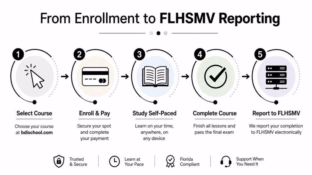 A five-step infographic showing the process from enrolling in a driving course to reporting to the FLHSMV.