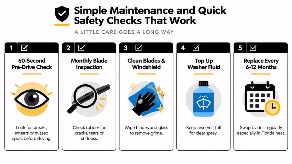 An infographic detailing five simple maintenance and safety checks for vehicle windshield wiper blades.