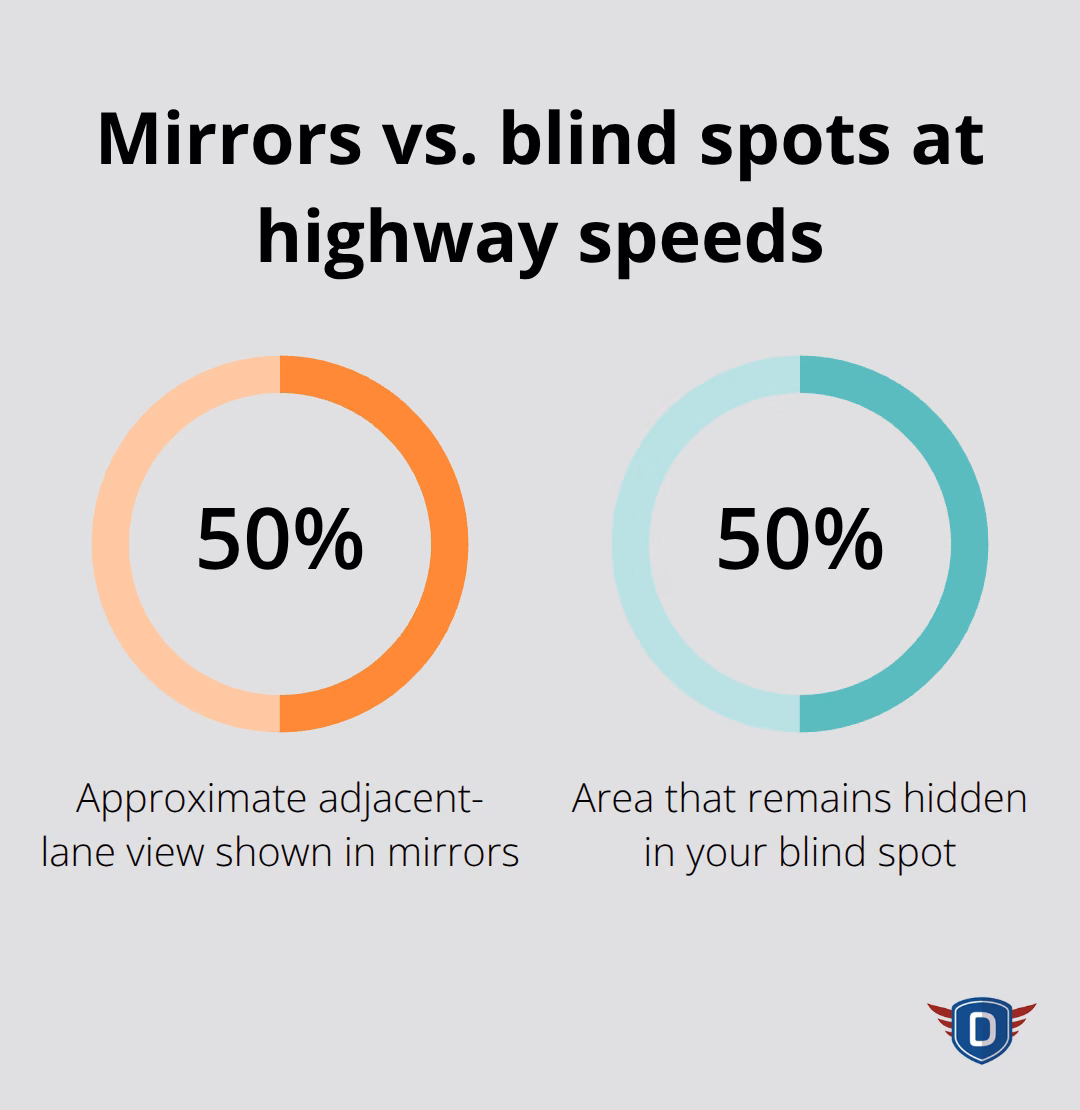 Share of adjacent-lane area shown by mirrors vs. blind spots