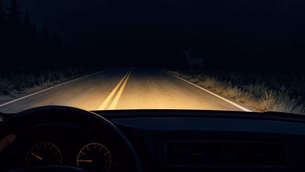 A view from inside a car at night showing headlights illuminating a deer standing near the road.