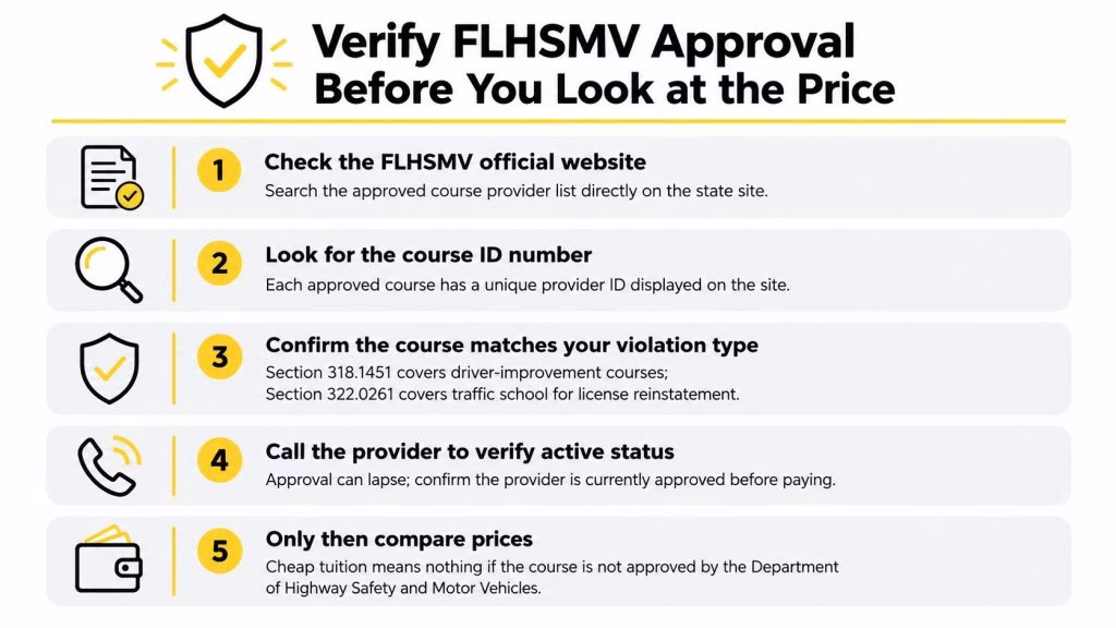 A five-step checklist guiding users on how to verify FLHSMV approval for traffic school courses.
