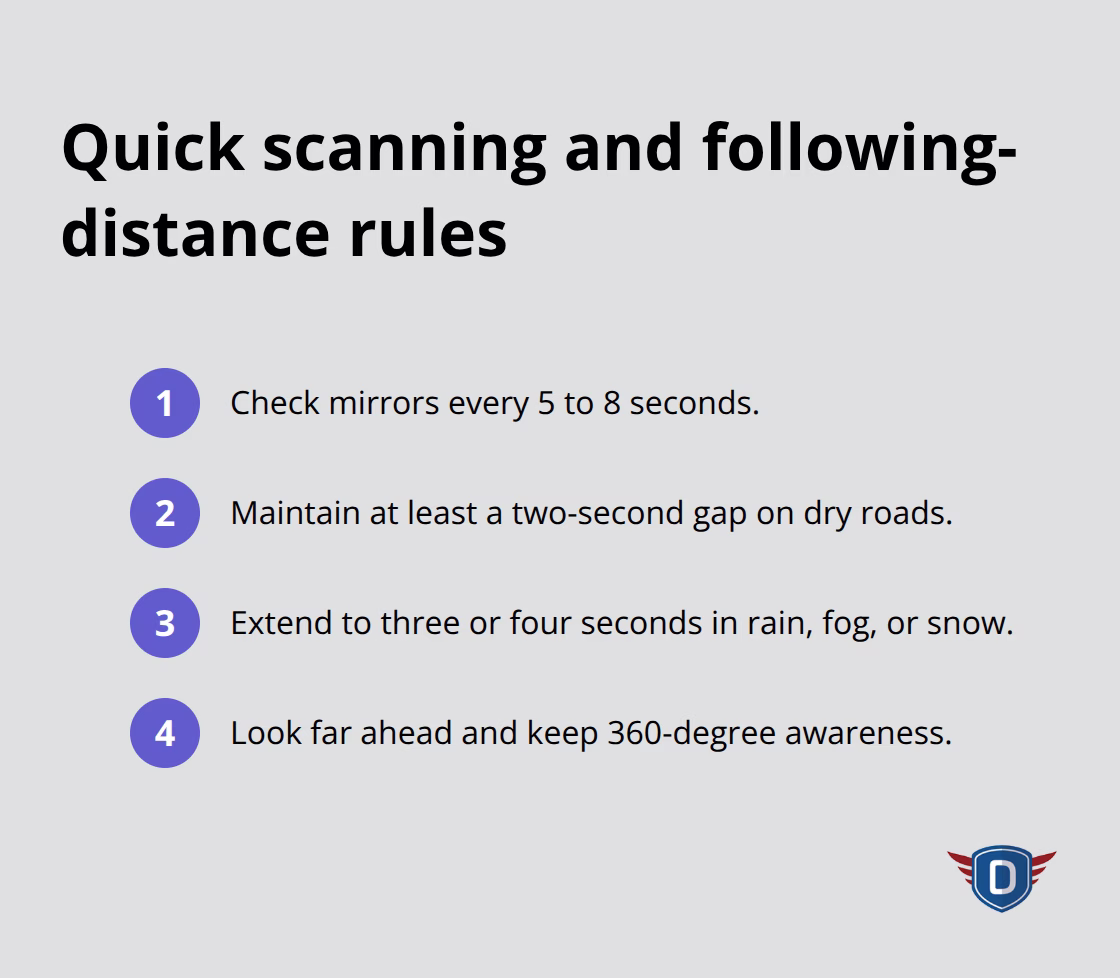 Key habits for scanning and safe following distances while driving - Advanced defensive driving strategies