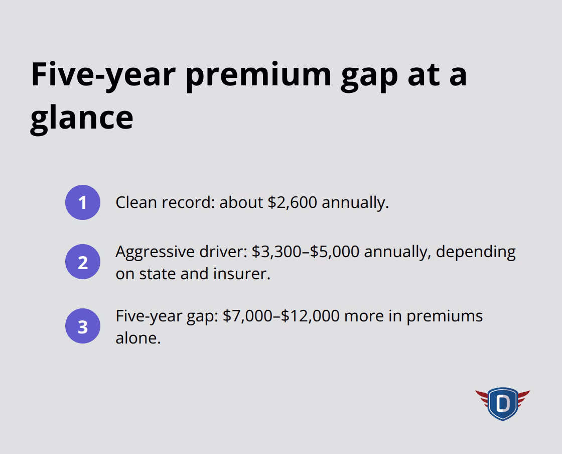 Compact list comparing five-year insurance costs for safe vs. aggressive drivers in the U.S. - Aggressive driving consequences