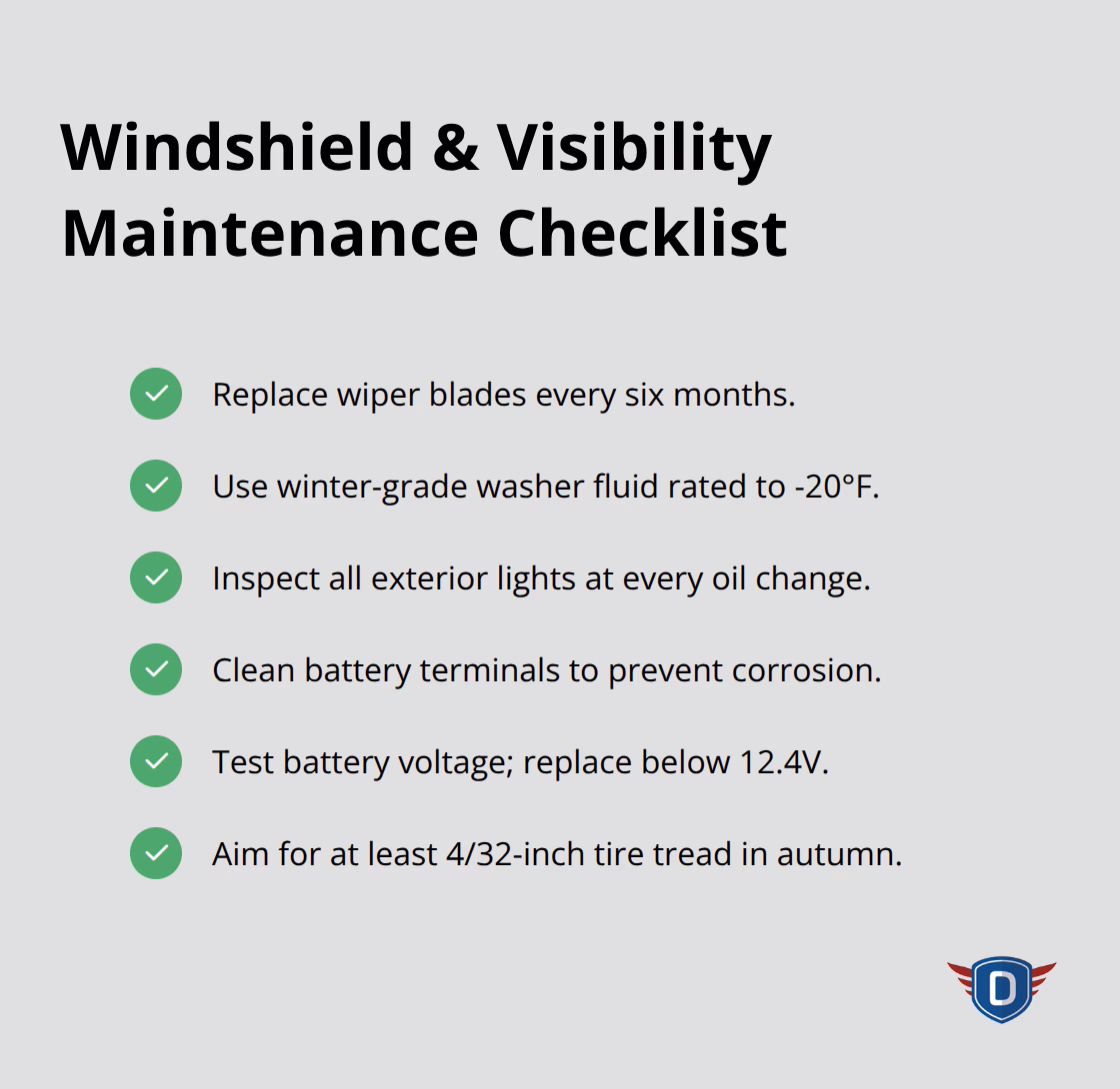 Checklist of windshield and lighting maintenance tasks for autumn driving. - autumn driving safety tips