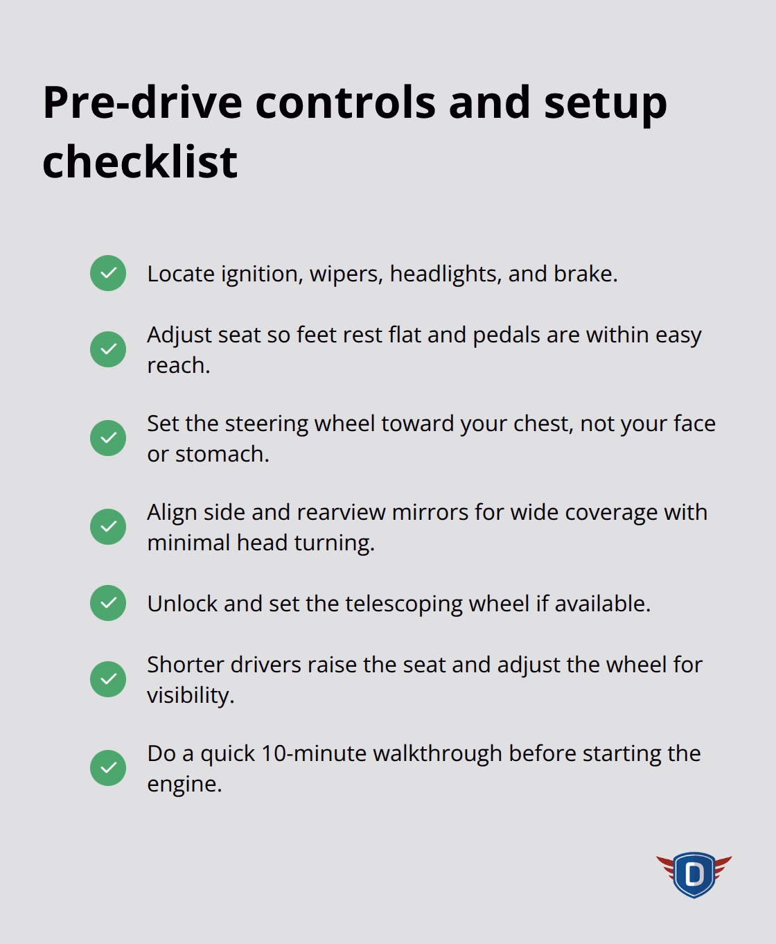 Checklist of vehicle control setup steps for first-time drivers in the U.S. - Behind wheel practice tips