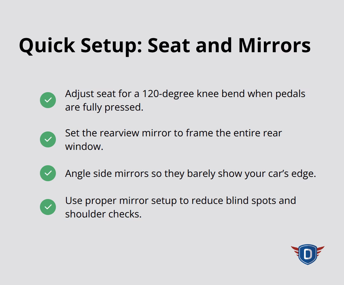 Checklist showing essential seat and mirror adjustments for new drivers in the United States.