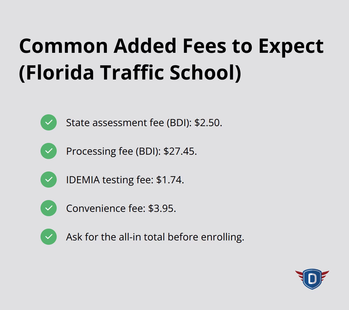 Checklist of typical Florida traffic school added fees to watch for at checkout.