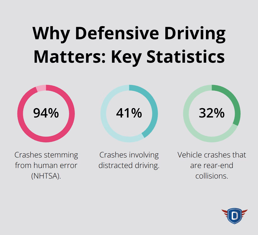 Percentage breakdown of human error, distracted driving, and rear-end crashes - defensive driving skills