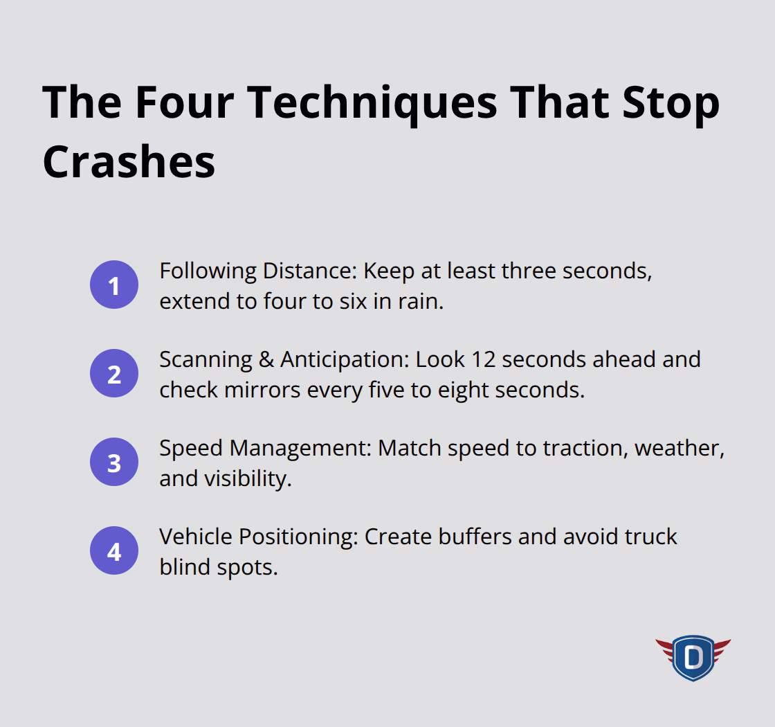 Compact list summarizing four defensive driving techniques. - Defensive driving techniques Florida