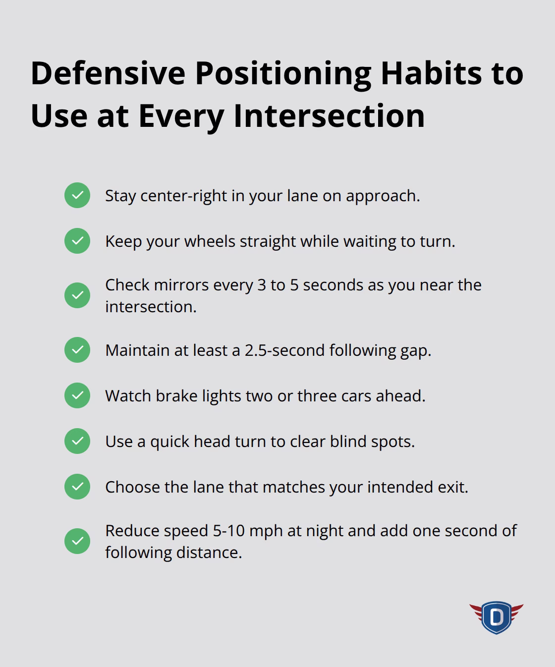 Checklist of core defensive positioning actions to reduce intersection crash risk
