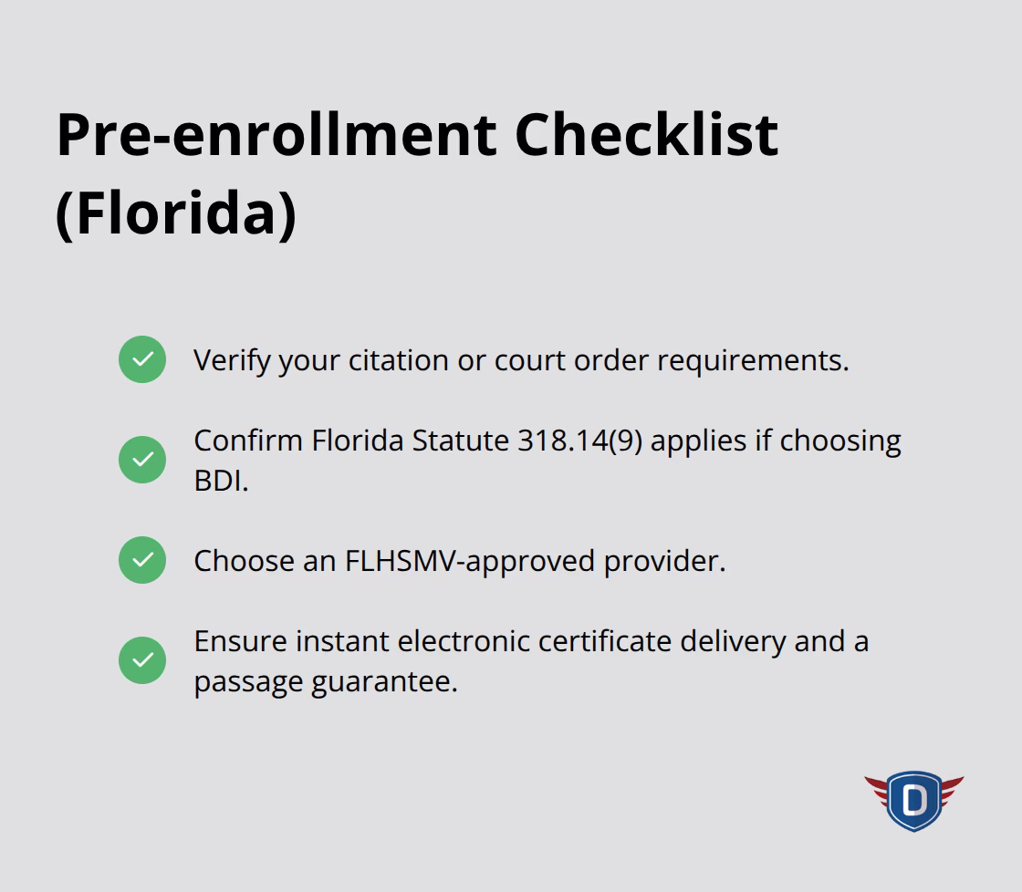 Checklist of steps to verify the correct Florida traffic school course before enrolling.