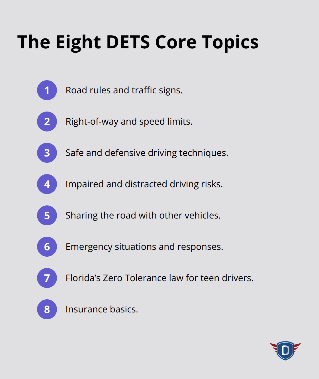 Compact list summarizing the eight core topics covered in Florida�s DETS course. - DETS course overview
