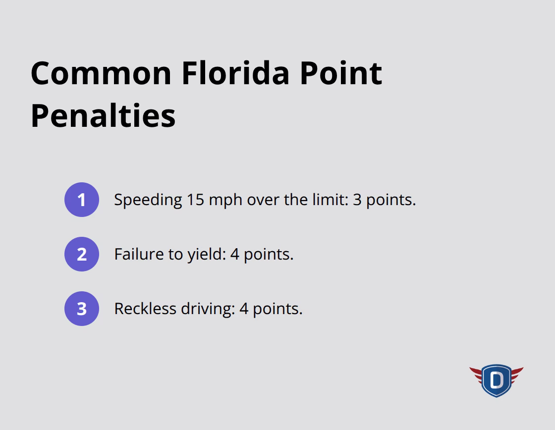 Typical Florida traffic violations and their point values that can impact insurance rates - DETS driver education benefits