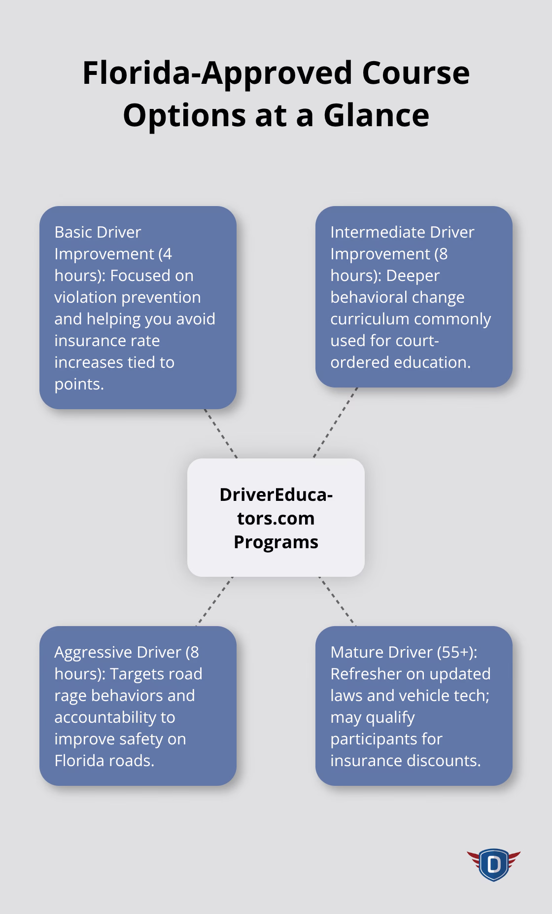 Hub-and-spoke showing floridadetscourse.com programs: BDI, IDI, Aggressive Driver, and Mature Driver. - DETS driver education overview