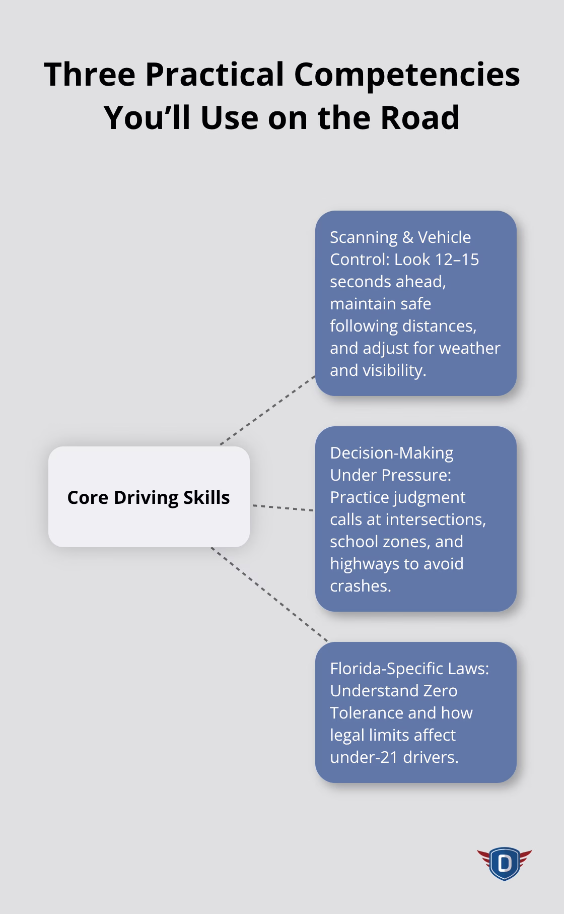 Hub-and-spoke diagram of DETS practical competencies: scanning and control, decision-making, and Florida-specific laws. - DETS training overview