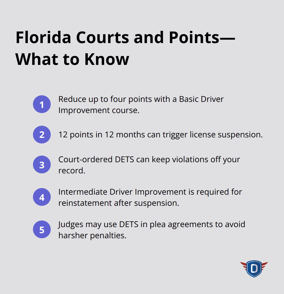 Compact list of essential Florida court and driver point facts related to DETS - DETS training program