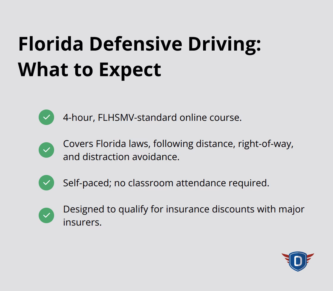 Key features of Florida’s FLHSMV-approved defensive driving course. - discount for defensive driving