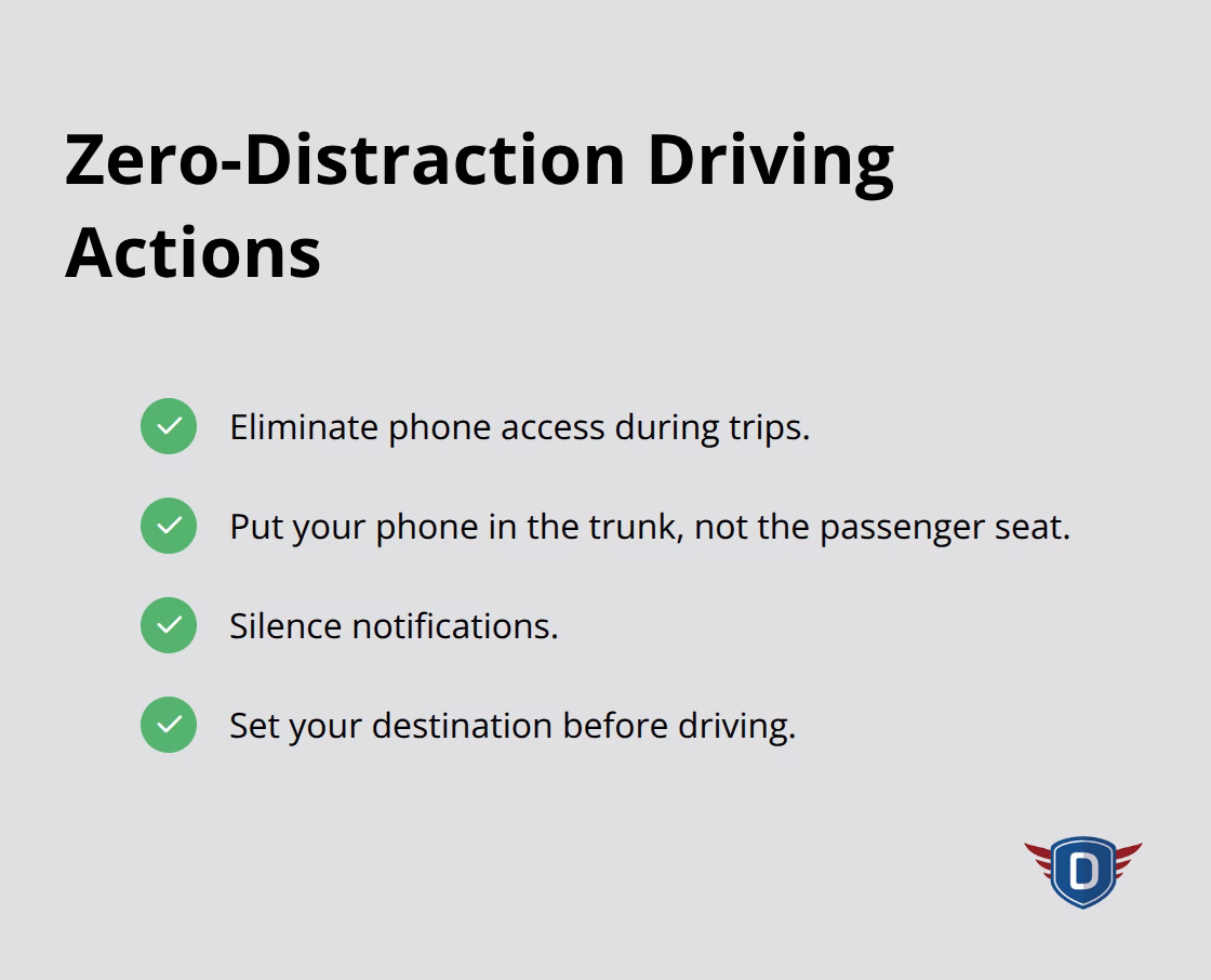 Checklist of quick actions to eliminate phone-related distraction while driving. - driver education safety tips