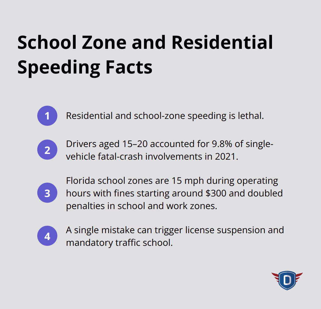 Compact list summarizing key facts about residential and school zone speeding in Florida.