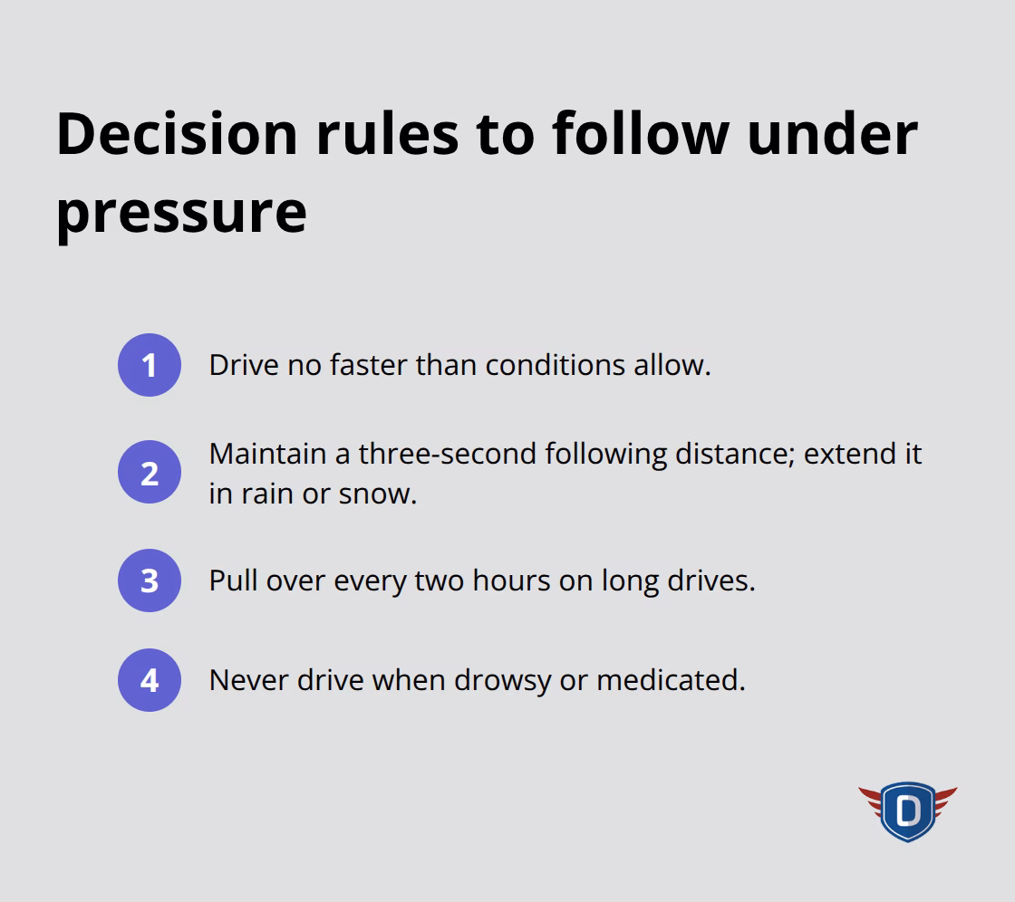 Compact list of four non-negotiable driving rules to maintain safety under pressure.