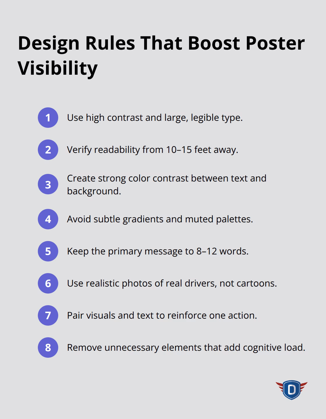 Compact list of design tips to make driver safety posters easy to notice and read.