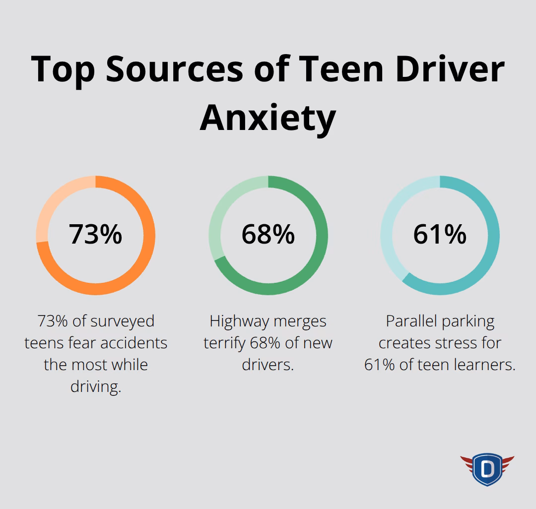 Percentage chart showing fear of accidents at 73%, highway merges at 68%, and parallel parking at 61% as top sources of teen driver anxiety - driving lessons for teenagers