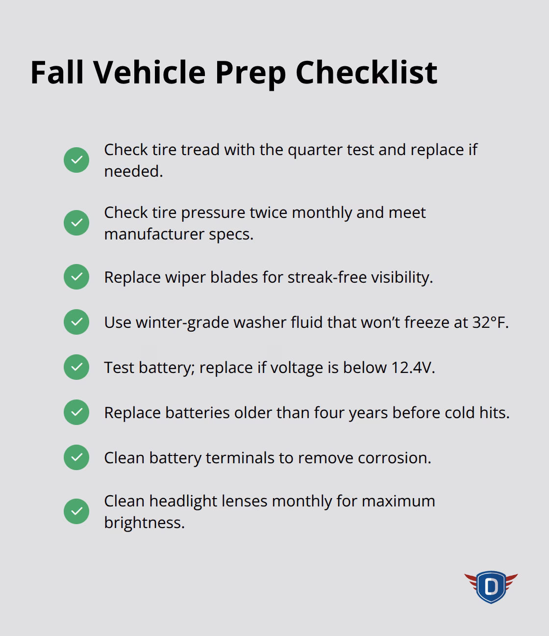 Checklist of essential vehicle maintenance steps for fall weather. - fall driving safety tips