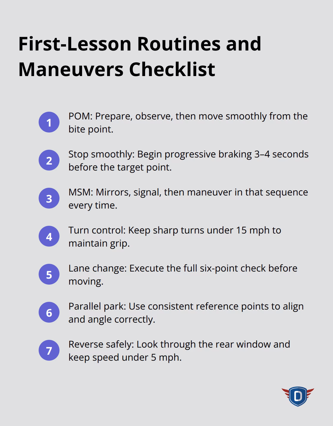 Compact checklist of core routines and maneuvers for beginner drivers in the U.S. - first driving lesson basics