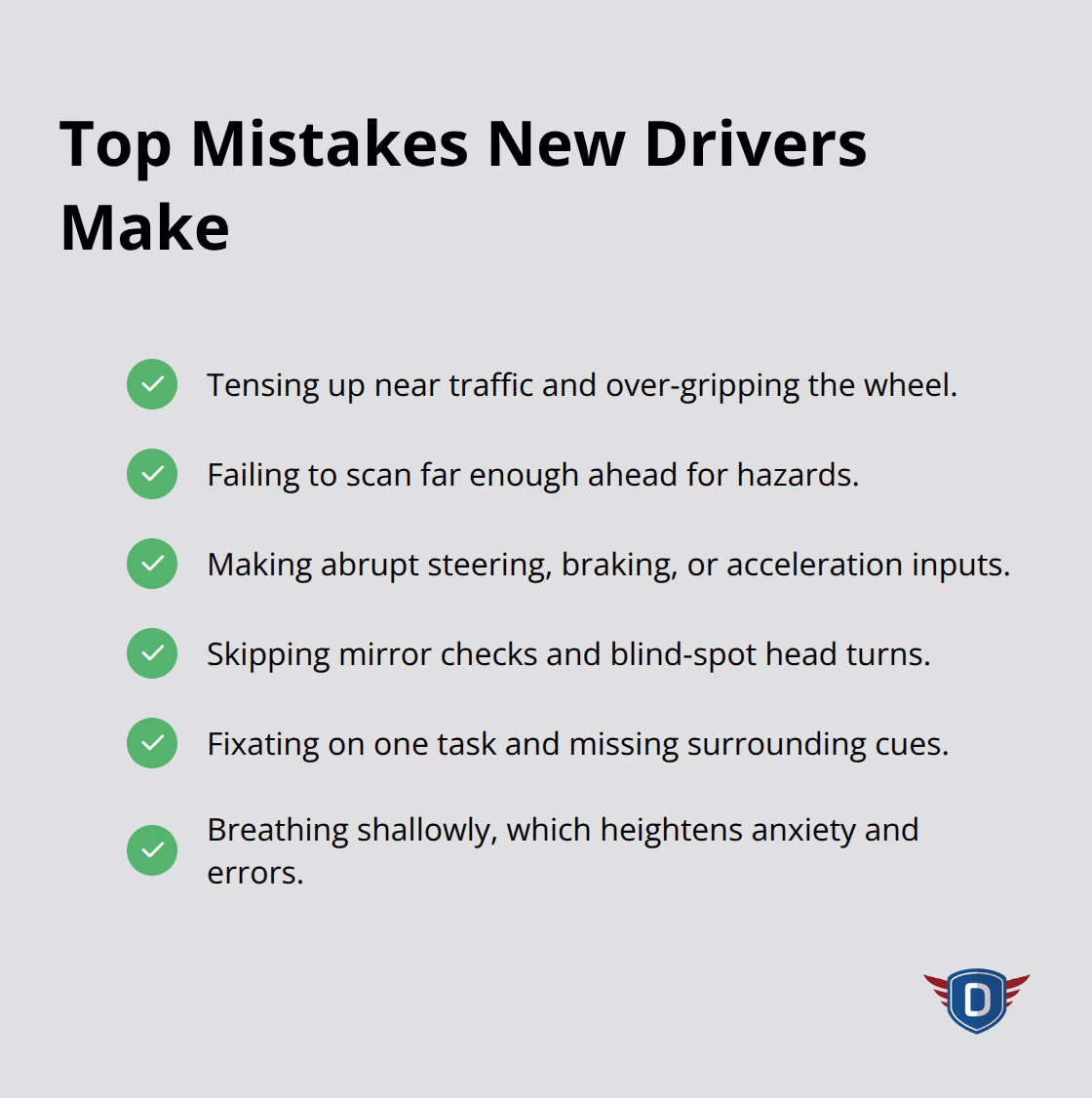 Checklist of common mistakes new drivers make during first lessons