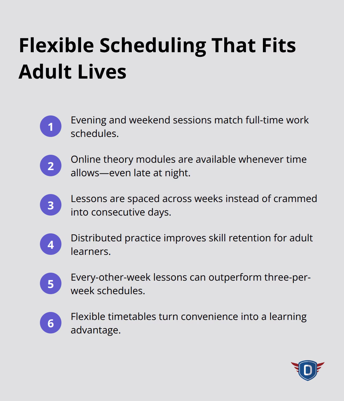 Key flexibility features in adult driver education schedules for U.S. drivers - First-time adult drivers