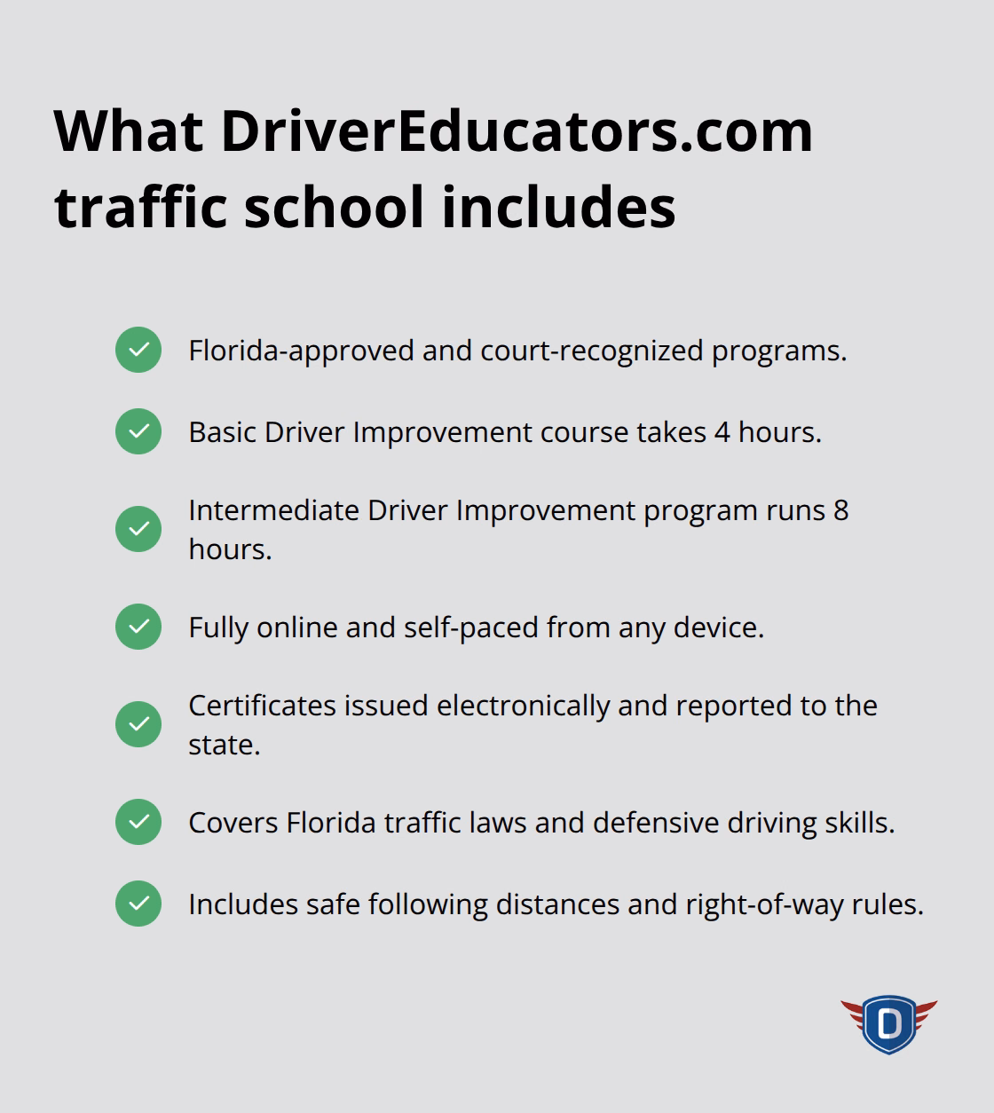 Key features of Florida-approved online traffic school programs from floridadetscourse.com - handling traffic tickets Florida