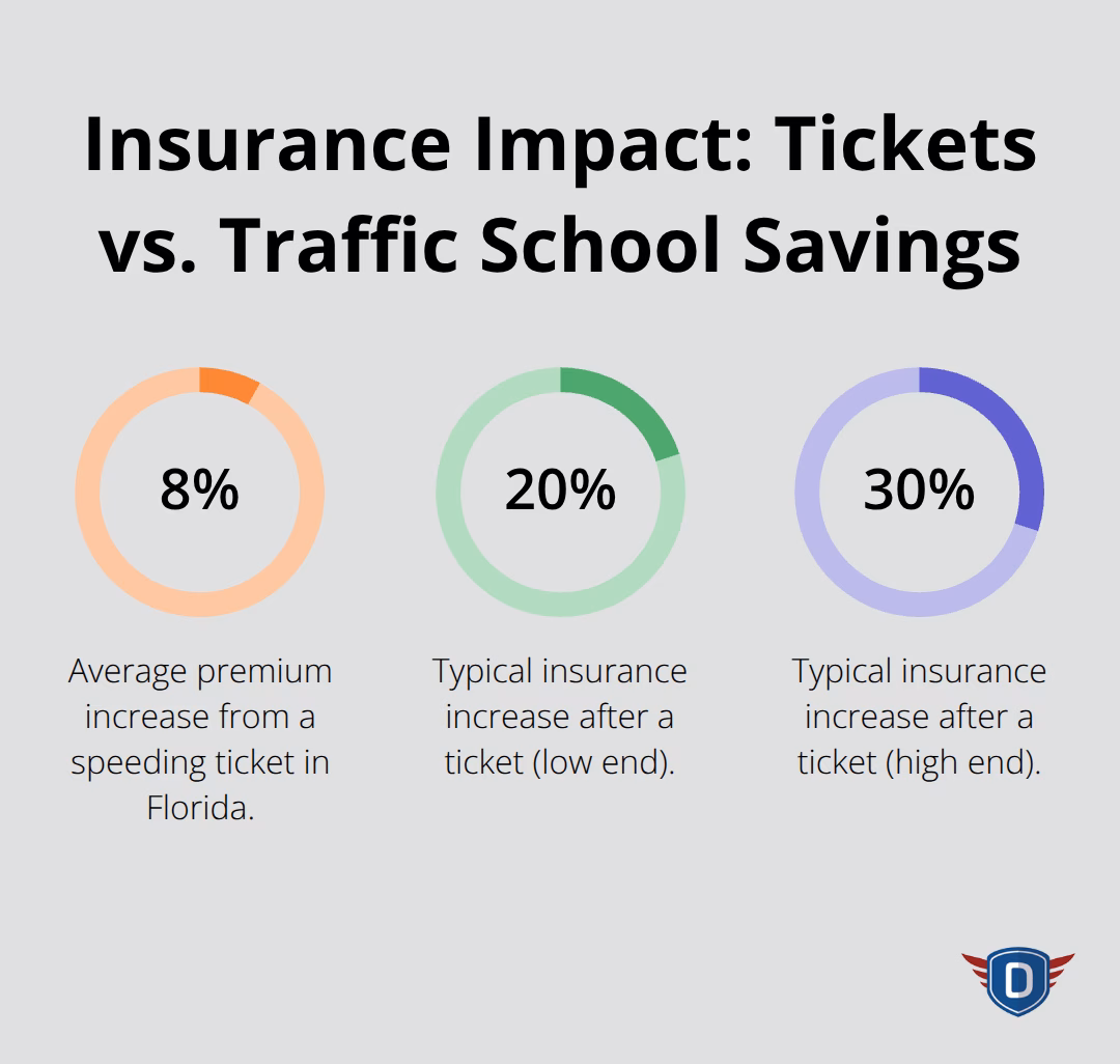 Percentage comparisons of insurance changes after tickets and with traffic school. - Handling traffic tickets